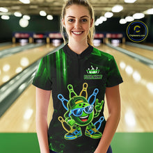 Load image into Gallery viewer, Woman wearing a green funny neon bowling ball quarter zip bowling shirt front view.