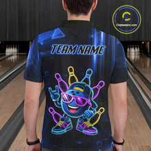 Load image into Gallery viewer, Back view of man wearing a blue funny neon bowling ball bowling polo shirt, custom bowling team jersey design.