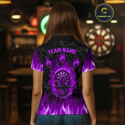 Fire Flame Skull Darts Polo & Quarter Zip Custom Darts Shirts For Women, Darts Team Jersey|Purple TDM5322