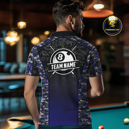 Navy Blue Camo 8 Ball Billiard Shirt For Men Custom Pool Team Shirt, Billiard Jersey Polo & 1/4 Zip TDM5580