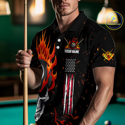 Personalized Fire Flame Skull American Flag Billiard Shirts For Men, 8 Ball Pool Billiard Jerseys TDM3340