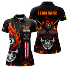 Load image into Gallery viewer, Personalized Fire Flame Skull American Flag Billiard Shirts For Women, 8 Ball Pool Billiard Jerseys TDM3340