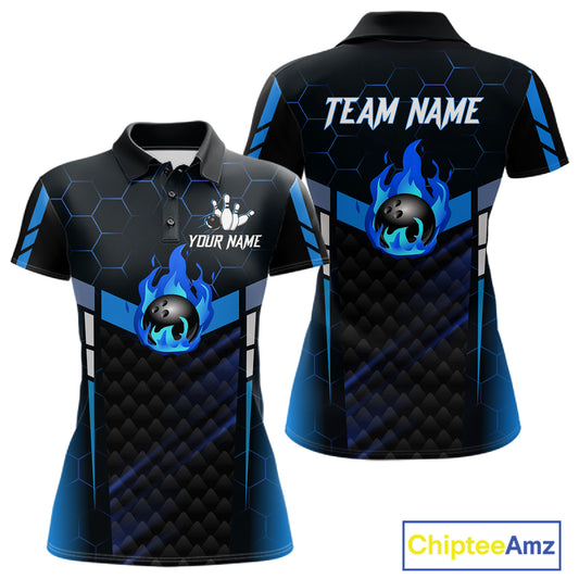 Black And Blue Bowling Jersey For Women Custom Flame Bowling Shirt Team Polo & Quarter Zip TDM5823