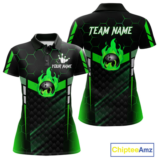 Black And Green Bowling Jersey For Women Custom Flame Bowling Shirt Team Polo & Quarter Zip TDM5825