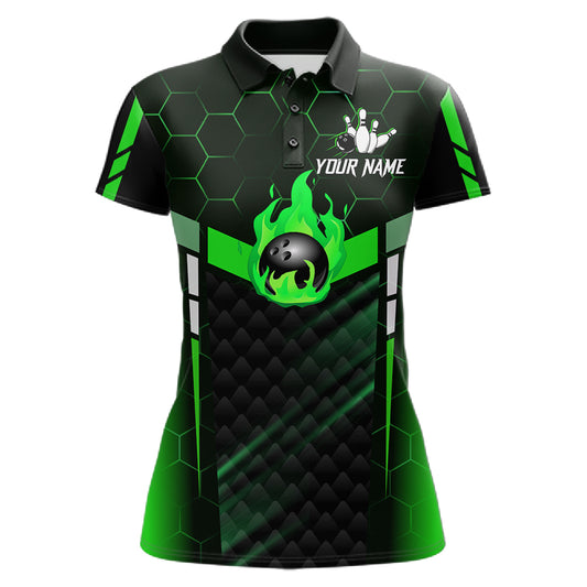 Black And Green Bowling Jersey For Women Custom Flame Bowling Shirt Team Polo & Quarter Zip TDM5825