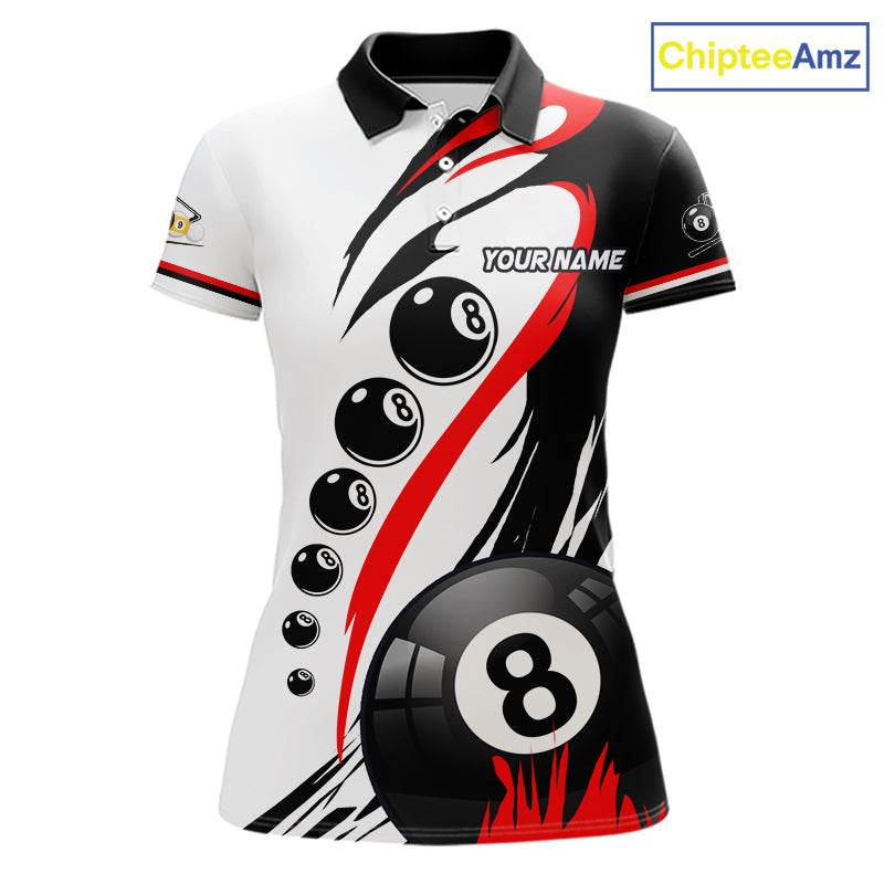 Personalized red 8 ball and 9 ball custom billiard polo shirt for women, billiard league team jersey.
