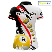 Load image into Gallery viewer, Red 8 ball and 9 ball pool team polo shirt for women with custom billiard graphics.