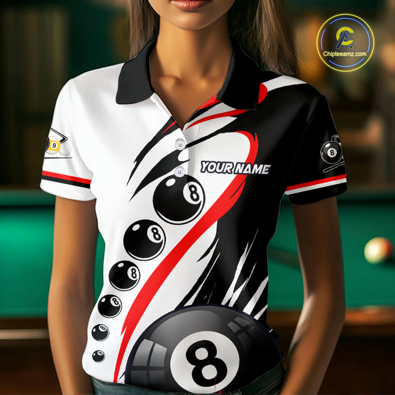 Woman wearing a red 8 ball and 9 ball billiard jersey front view.