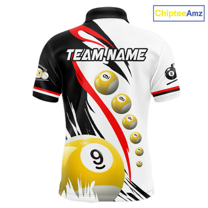 Red 8 ball and 9 ball pool team polo shirt for men with custom billiard graphics.