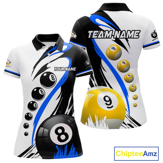 Personalized blue 8 ball and 9 ball custom billiard polo shirt for women, billiard team jersey.