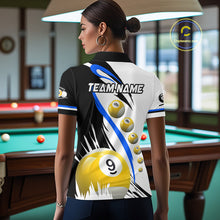 Load image into Gallery viewer, Back view of woman wearing a blue 8 ball and 9 ball pool jersey.