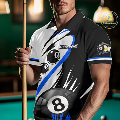 Man wearing a blue 8 ball and 9 ball billiard jersey front view.