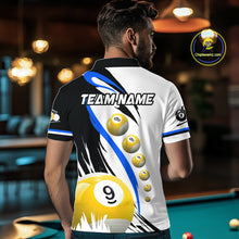 Load image into Gallery viewer, Back view of man wearing a blue 8 ball and 9 ball pool jersey.