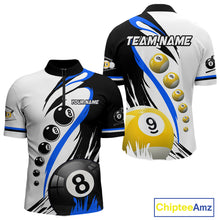Load image into Gallery viewer, Blue 8 ball and 9 ball quarter zip billiard shirt for men, custom pool team jersey.