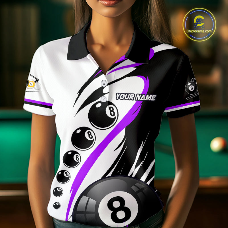 Woman wearing a purple 8 ball and 9 ball billiard jersey front view.
