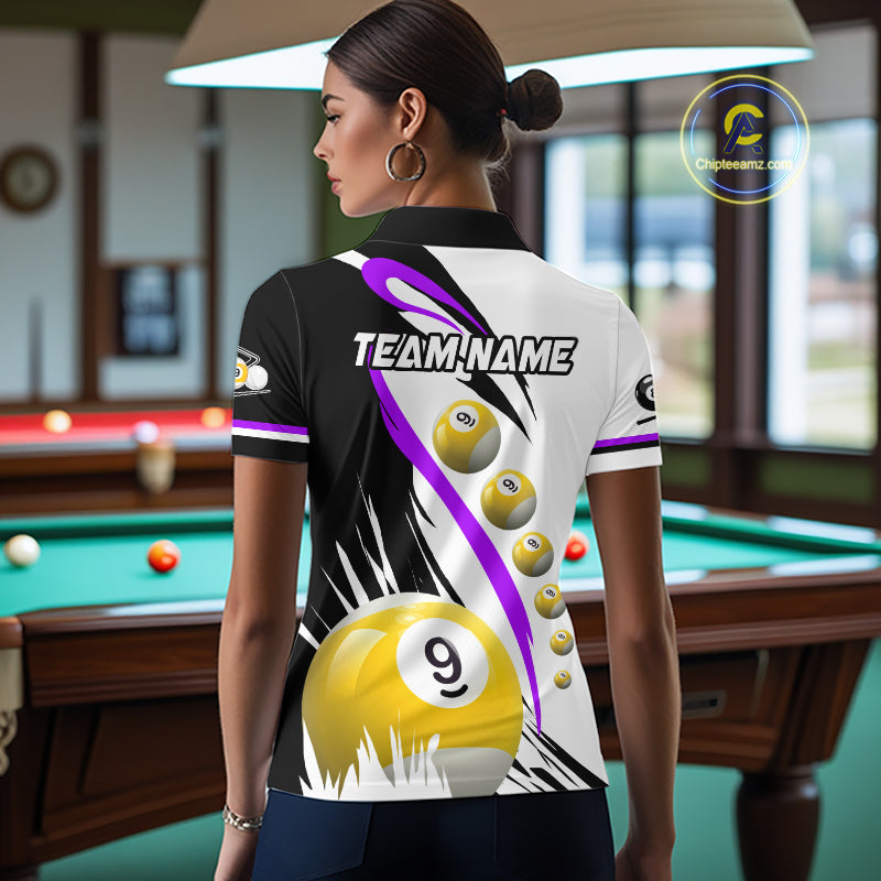 Back view of woman wearing a purple 8 ball and 9 ball pool jersey.
