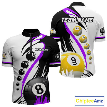 Purple 8 ball and 9 ball quarter zip billiard shirt for men, custom pool team jersey.