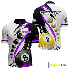 Load image into Gallery viewer, Purple 8 ball and 9 ball quarter zip billiard shirt for men, custom pool team jersey.