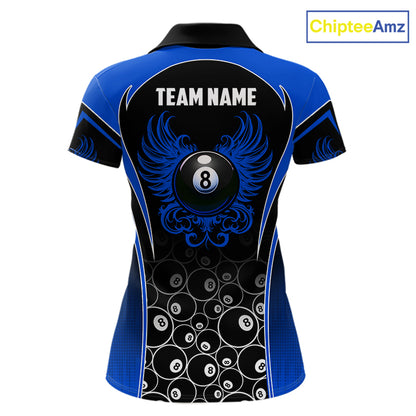 Custom Black and Blue 8 Ball Wings Pool Polo Shirt for Women Designed for Personalized Billiard Team Jerseys with Premium Athletic Performance, Modern Wing Graphics, and Professional League Style