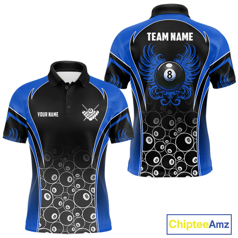 Personalized Black and Blue 8 Ball Wings Billiard Polo Shirt for Men Featuring Striking Winged 8 Ball Artwork for Pool League Players, Team Competition, and Tournament Events