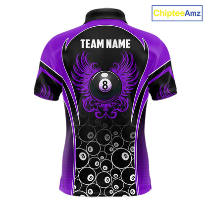 Custom Black and Purple 8 Ball Wings Pool Polo Shirt for Men Designed for Personalized Billiard Team Jerseys with Premium Athletic Performance, Dynamic Wing Graphics, and League Ready Style