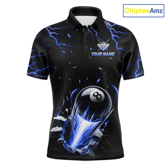 Personalized Blue Lightning Strike 8 Ball Pool Billiard Polo Shirt for Men Featuring Electric Blue Lightning Artwork for Pool League Players, Team Competition, and Tournament Events