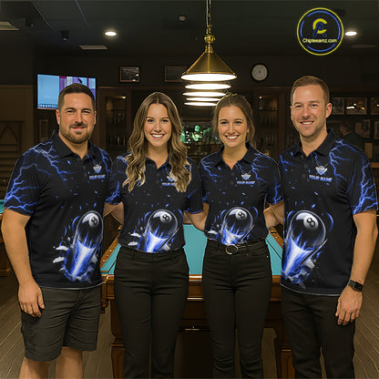 Pool Team Wearing Personalized Blue Lightning Strike 8 Ball Billiard Jerseys During League Competition and Tournament Matches, Front View