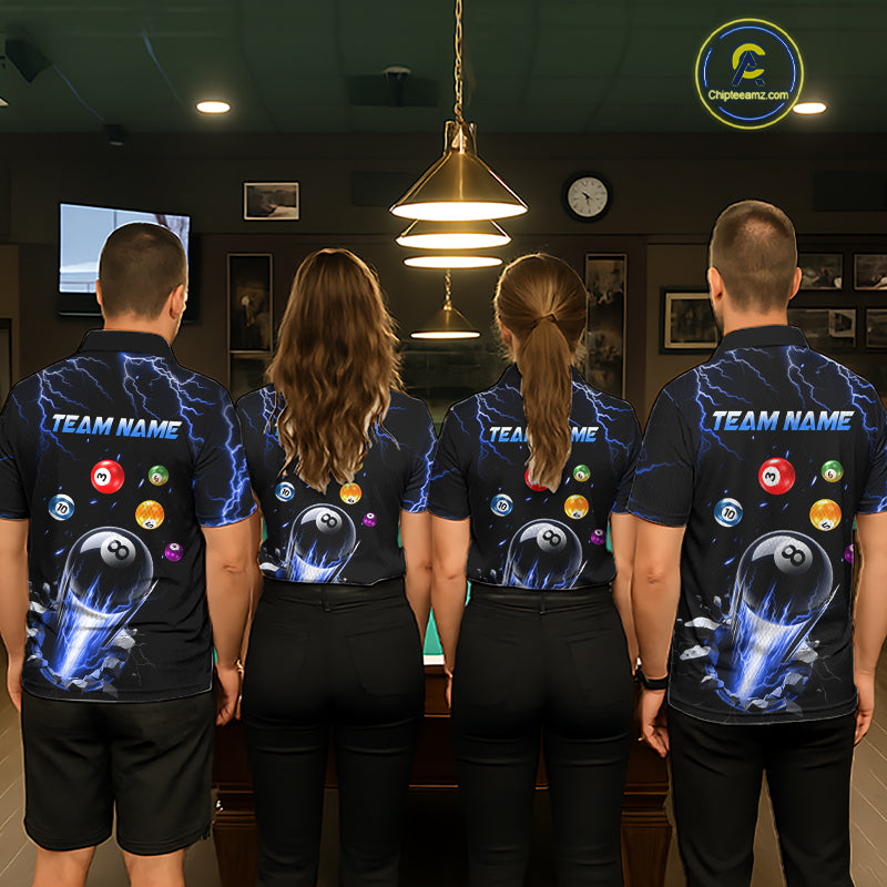 Pool Team Wearing Personalized Blue Lightning Strike 8 Ball Custom Billiard Team Jerseys Featuring the Complete Back Artwork, Back View