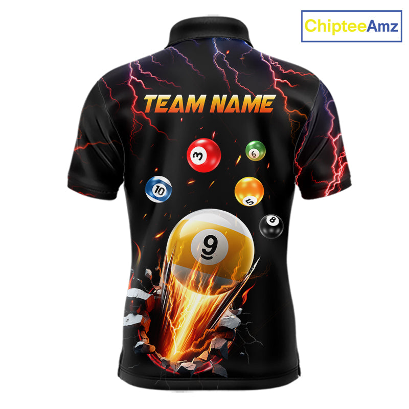 Thunder Lightning Strike 9 Ball Pool Polo Shirt for Men Designed for Personalized Billiard League Team Jerseys with Premium Athletic Performance and Dynamic Storm Graphics