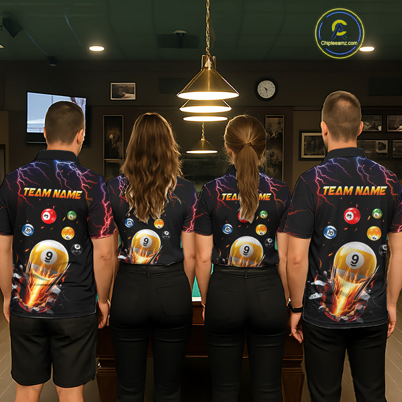 Pool Team Wearing Custom Thunder Lightning Strike 9 Ball Custom Billiard Team Jerseys Featuring the Complete Back Artwork, Back View