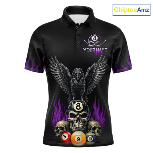 Personalized Raven 8 Ball Pool Skull Billiard Polo Shirt for Men Featuring Purple Halloween Raven Artwork with a Bold Skull Design for Pool League Players and Tournament Competition