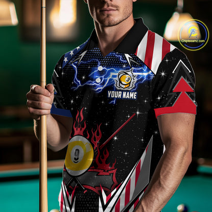 9 Ball Pool Billiard Jerseys Custom Lightning American Flag Men Billiard Shirts, 9 Ball Team Shirts TDM2867