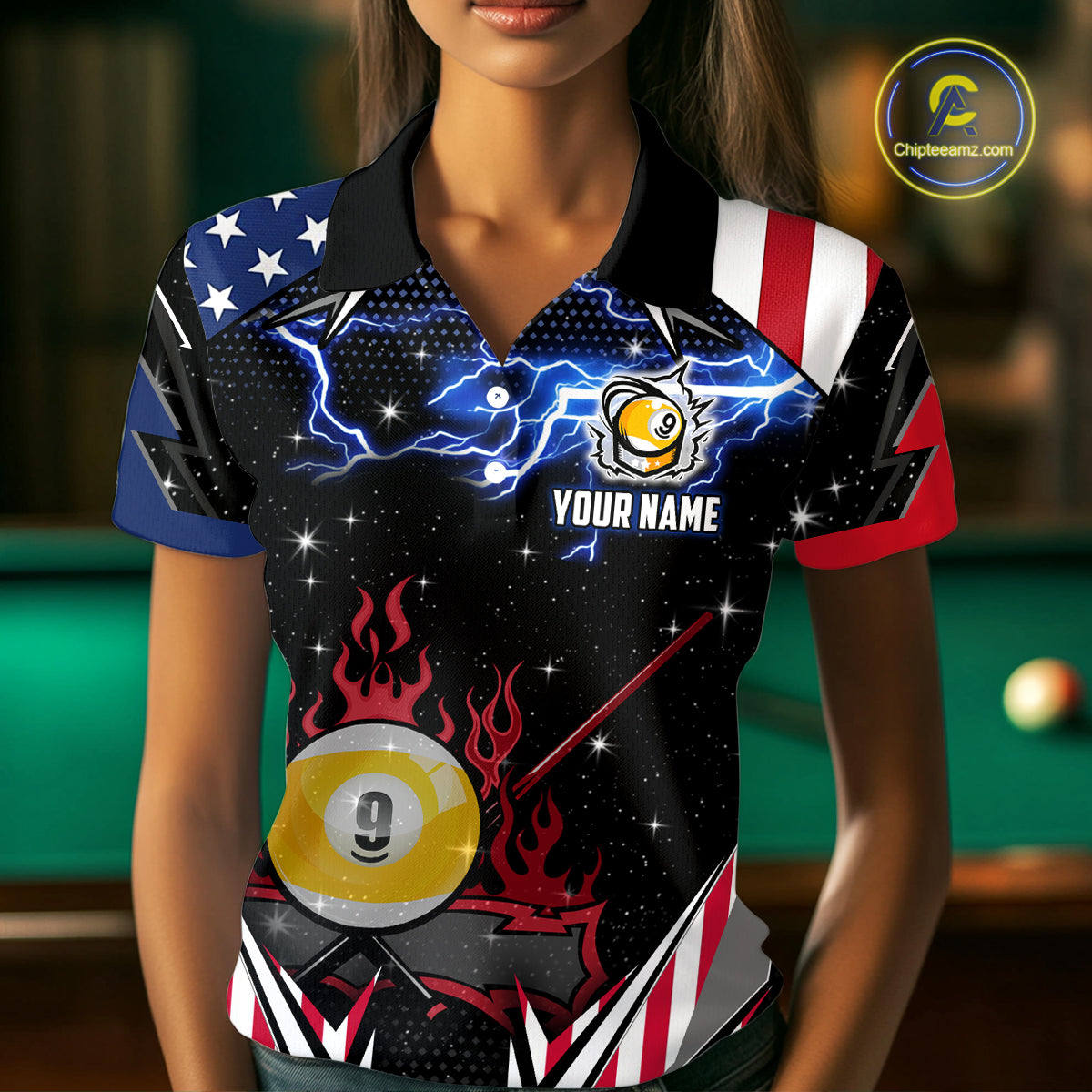 9 Ball Pool Billiard Jerseys Custom Lightning American Flag Women Billiard Shirts, 9 Ball Team Shirts TDM2867