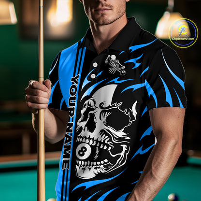Personalized Blue 8 Ball Skull Billiard Shirt For Men Custom Pool Team Jersey, Billiard Outfit TDM4460