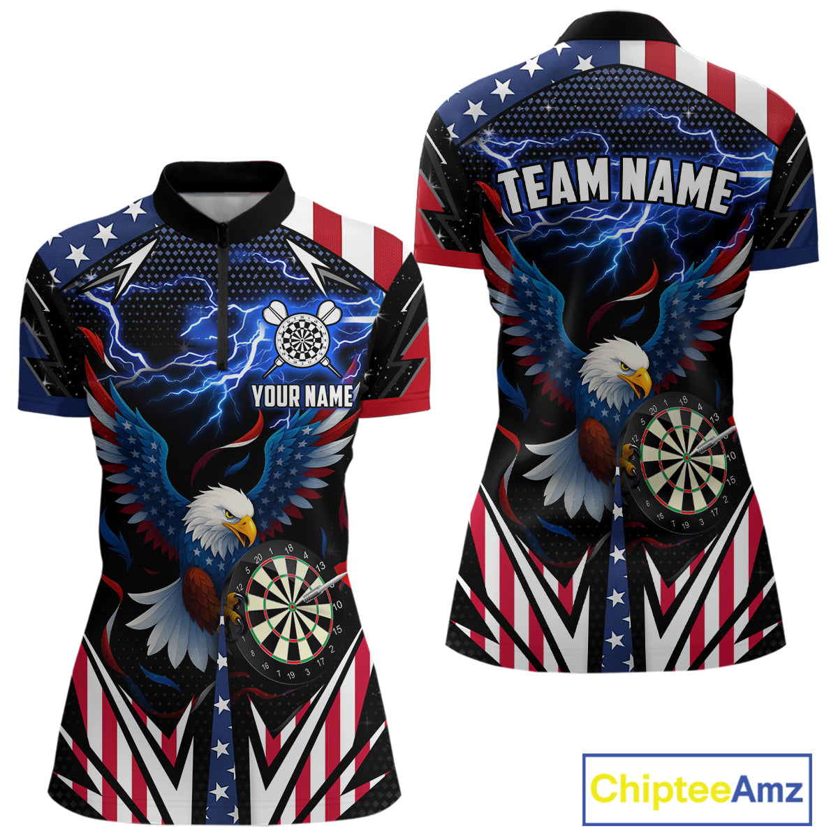 Custom American Flag Eagle Lightning Darts Shirt For Women, Patriotic Darts Jersey Polo & 1/4 Zip TDM4706