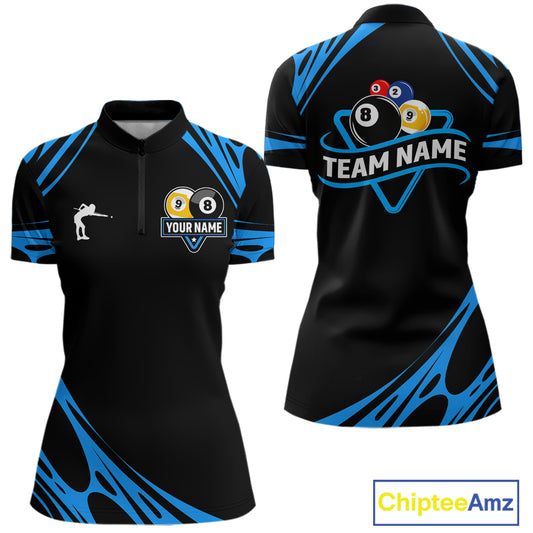 Personalized 8 Ball & 9 Ball Pool Billiard Polo, 1/4 Zip For Women Custom Team Billiard Jersey |Blue TDM5602