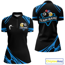 Load image into Gallery viewer, Personalized 8 Ball &amp; 9 Ball Pool Billiard Polo, 1/4 Zip For Women Custom Team Billiard Jersey |Blue TDM5602