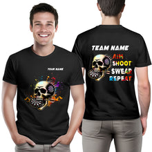 Load image into Gallery viewer, Aim Shoot Swear Repeat Colorful Skull Black Dart T-Shirts Custom Funny Dart Shirts For Darts Player TDM3946