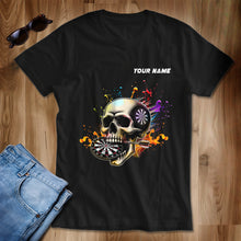 Load image into Gallery viewer, Aim Shoot Swear Repeat Colorful Skull Black Dart T-Shirts Custom Funny Dart Shirts For Darts Player TDM3946