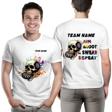Load image into Gallery viewer, Aim Shoot Swear Repeat Colorful Skull White Dart T-Shirts Custom Funny Dart Shirts For Darts Player TDM3946