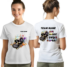 Load image into Gallery viewer, Aim Shoot Swear Repeat Colorful Skull White Dart T-Shirts Custom Funny Dart Shirts For Darts Player TDM3946