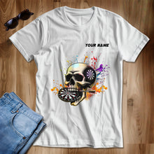 Load image into Gallery viewer, Aim Shoot Swear Repeat Colorful Skull White Dart T-Shirts Custom Funny Dart Shirts For Darts Player TDM3946