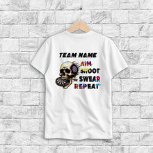Load image into Gallery viewer, Aim Shoot Swear Repeat Colorful Skull White Dart T-Shirts Custom Funny Dart Shirts For Darts Player TDM3946