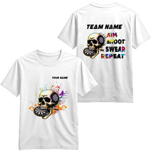 Load image into Gallery viewer, Aim Shoot Swear Repeat Colorful Skull White Dart T-Shirts Custom Funny Dart Shirts For Darts Player TDM3946