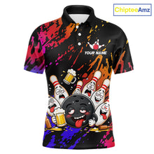 Load image into Gallery viewer, Blue and red drunk bowling balls and pins bowling polo shirt for men, funny beer bowling jersey.