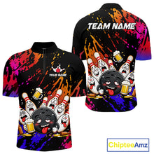 Load image into Gallery viewer, Blue and red drunk bowling balls and pins bowling quarter zip shirt for men.