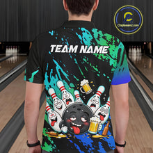 Load image into Gallery viewer, Man wearing blue and turquoise drunk bowling balls bowling polo shirt back view.