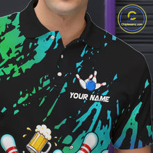 Load image into Gallery viewer, Close up of blue and turquoise drunk bowling balls bowling polo shirt collar, buttons and chest design.