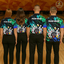 Load image into Gallery viewer, Bowling team wearing matching blue and turquoise drunk bowling balls jerseys back view.