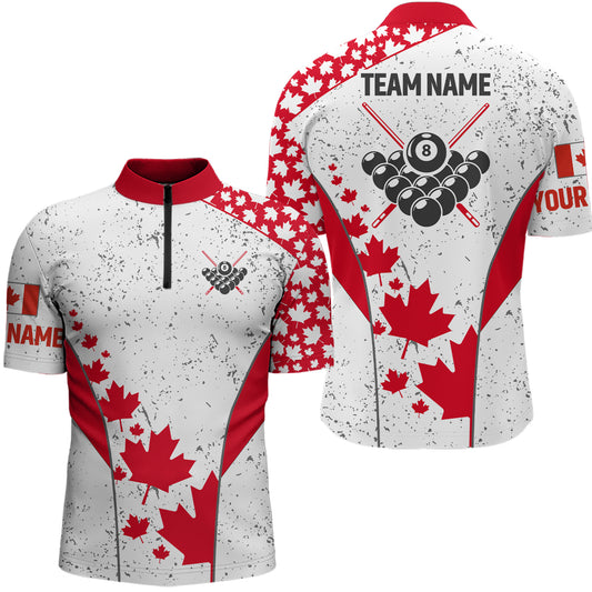 Personalized Grunge Canadian Flag Billiard Men Quarter-Zip Shirts, 8 Ball Billiard Jerseys TDM0669